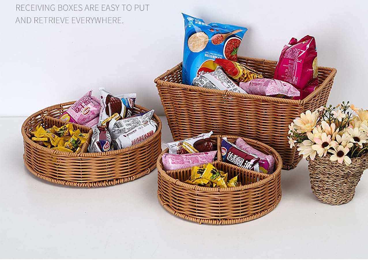 12" Poly Wicker Bread Basket, Hand Woven Food Storage Room Organizer, Fruits, Vegetables and Snacks Tabletop Food Serving Basket, Restaurant, Hotel Service, Brown (11.9x8x5.9)