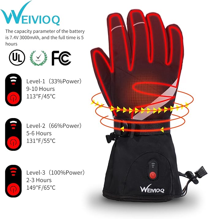 Heated Gloves for Men Women 7.4V 3003mAh Battery Thick Rechargeable Heated Ski Gloves Touchscreen Waterproof Electric Hand Warmers for Winter Skiing Hiking Camping