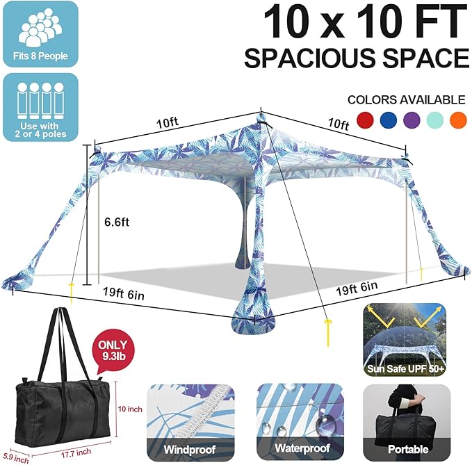Buheco Beach Tent Pop Up Shade 10x10ft Beach Canopy Sun Shelter UPF50+ with 4 Foldable Poles-Portable Carrying Bag-Sand Shovel-Ground Pegs-Windproof Ropes for Outdoor Family Camping-Fishing- Picnic