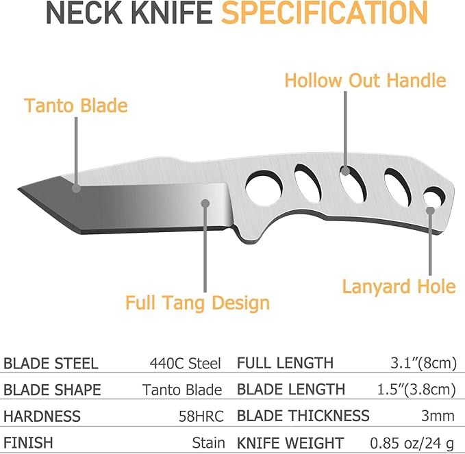 Small Neck Knife Mini Full Tang EDC Tanto Fixed Blade Knife with Kydex Sheath and Necklace - Cool Tactical Pocket Knives for Men and Women - Survival Camping Hiking Boy Scout Tools (White)