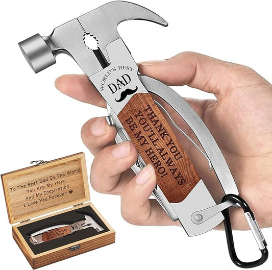 VEITORLD Gifts for Dad from Daughter Son Kids, Unique Birthday Gift Ideas for Men Stepdad Papa, All in One Tools Hammer Multitool with Engraved Wooden Box, Cool Gadgets(Dad are Hero)