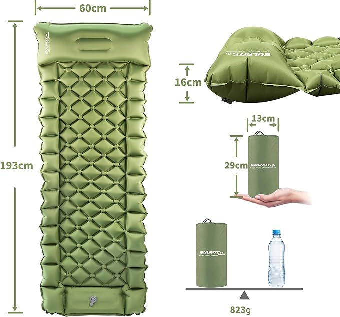 EULANT Single Sleeping Pad for Camping with Built-in Pillows & Foot Pump,Ultralight & Portable Self Inflating Air Mat for Camping Backpacking Hiking Tent