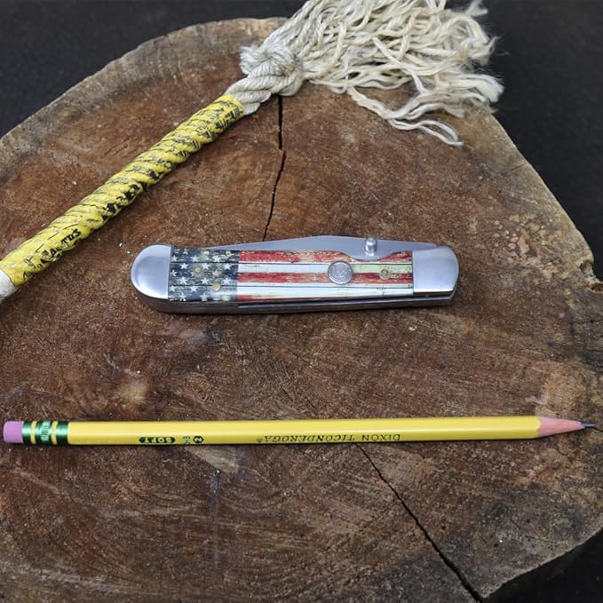 WHISKEY BENT HAT CO. Locking Trapper Folding Pocket Knife 4.125" Closed Length 440C Stainless Steel Blades (Patriot - Plain Edge)