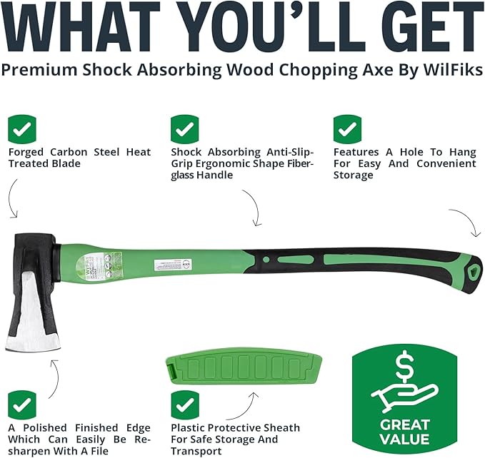 WilFiks Splitting Axe, 26” Camping Hatchet for Chopping and Kindling Wood and Branches, Forged Carbon Steel Hand Maul Tool for Gardening, Fiberglass Shock Reduction Handle with Anti-Slip Grip