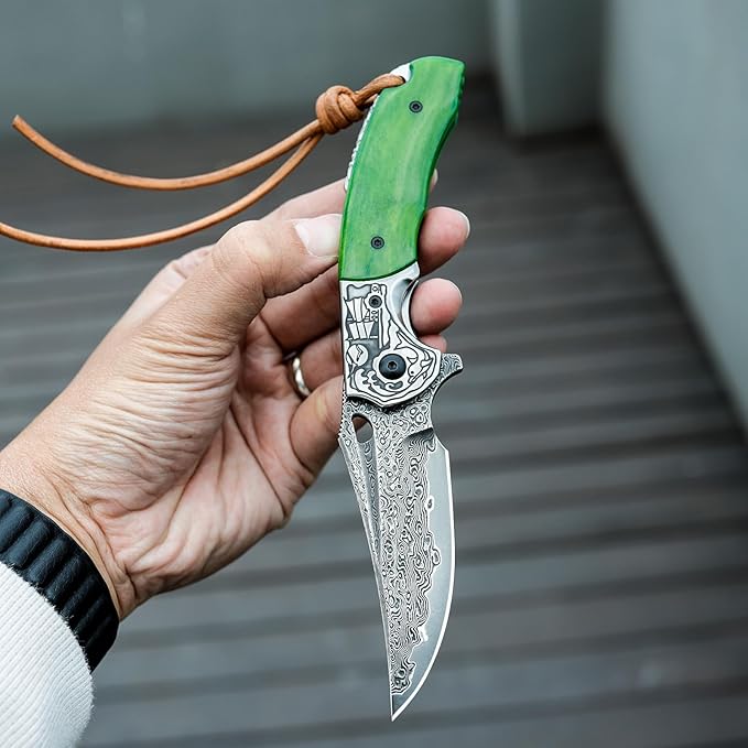 Damascus Folding Knife with Leather Sheath,3.2'' Blade Green Bone Handle Handmade Traditional Pocket Knives for Men Hunting EDC, Puppis-02G