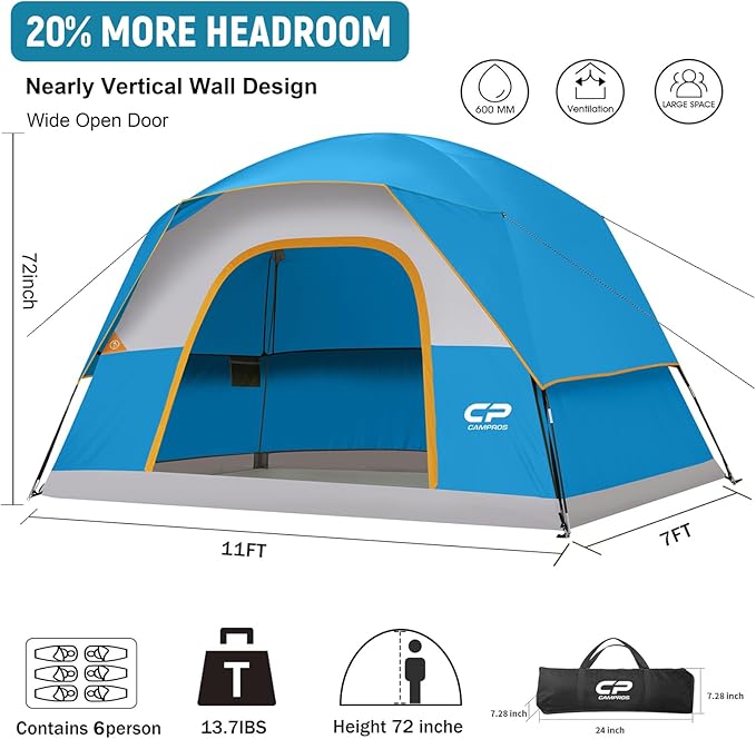 CAMPROS CP Tents for Camping 6 Person Waterproof Windproof Double Layer Family Camping Tent, Easy Setup Dome Tent with Large Mesh Windows & Wider Door for Outdoor Camping & Hiking