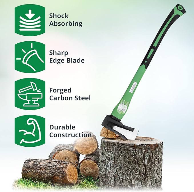 WilFiks Splitting Axe, 26” Camping Hatchet for Chopping and Kindling Wood and Branches, Forged Carbon Steel Hand Maul Tool for Gardening, Fiberglass Shock Reduction Handle with Anti-Slip Grip