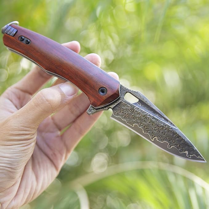 Damascus steel multifunctional EDC folding knife with self assembling pocket clip, lining lock, leather sheath, one piece disassembly pocket knife