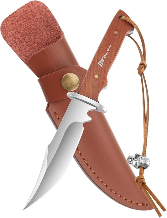 Compact fixed blade outdoor knife, 3.4 inch stainless steel fixed blade, with leather knife cover, brown wooden handle, suitable for EDC, outdoor, camping, hiking