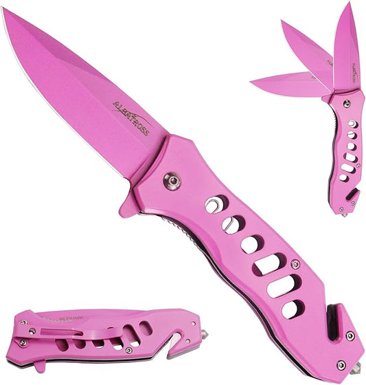 ALBATROSS Multifunction Stainless Steel Folding Pocket Knife, Spring Assisted Open, 4.5" Handle, 3" Blade, 7.5" Overall (Pink)