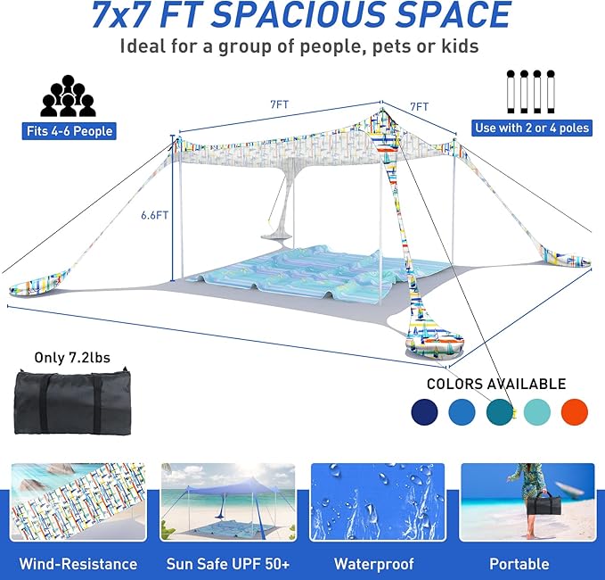 Beach Tent Pop Up Sun Shade Canopy Sun Shelter UPF50+ with 4 Stability Poles/Carry Bag/Ground Pegs/Sand Shovel/Windproof Ropes Portable Outdoor Family Sunshade for Beach Camping Fishing Picnic