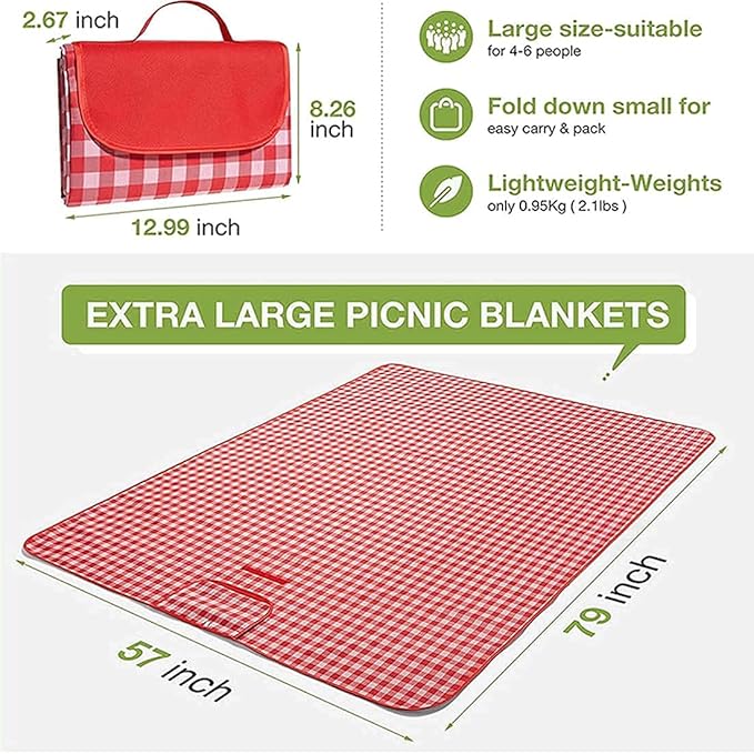 Picnic Blanket|Beach Mat|Picnic Blanket for Indoor and Outdoor, 80" x 57" Sandproof Waterproof Larger Mat for Beach, Travel, Camping, Hiking, Park Grass,Handy Mat Tote, Foldable. (Red Plaids) …