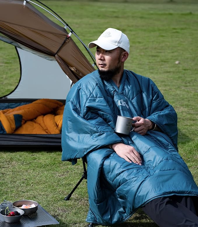iClimb Hooded 3M Thinsulate Insulation Warm Camping Blanket Wearable Poncho Ultralight Compact (Blue)