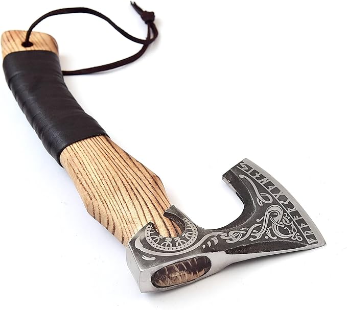 H&A CRAFTS® Viking Axe The Ragnar Lothbrok Real, and Custom Crafted with Leather Sheath Carbon Steel Camping Hatchet Personalized Gifts for Men (Runes Black Viking Axe)