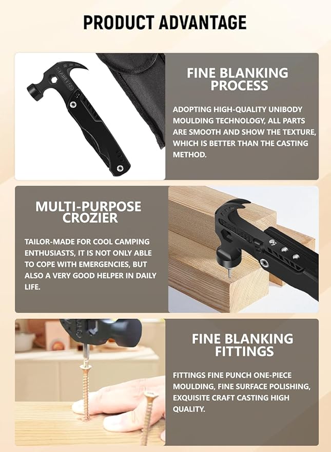 All in One Survival Tools Hammer, Portable Folding Multifunctional Hammer for Outdoor Hiking and Camping, Vehicle Mounted Emergency Claw Hammer Gadgets Accessories