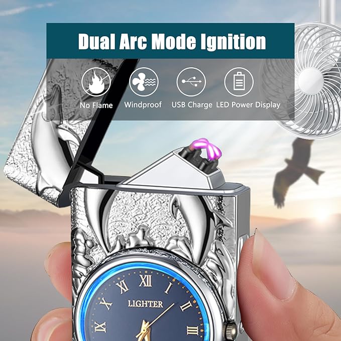 Electric Lighter Rechargeable USB Lighter Dual Arc Plasma Lighter Windproof Cool Candle Lighter with LED Battery Indicator for Candles, Fireworks, Incense (Silver Dolphin)