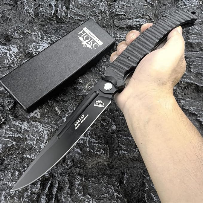 HUAAO 12 INCH Russian Avatar Folding Knife for Men,D2 Blade Black G10 Handles Tactical Survival Gear Saber Knives,Safety Liner Lock,Flipper Assisted Outdoor Camping Tool (Black blade)