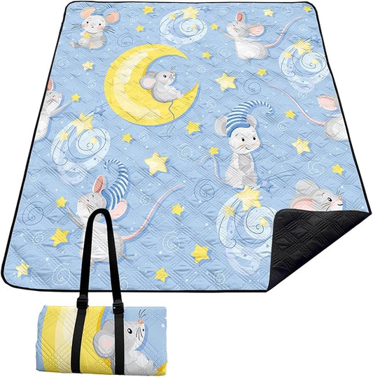 BSNTHO Cute Mouse Outdoor Picnic Blankets Sleeping Stars Waterproof Picnic Blankets 60x80 Inches Large Sandproof Beach Blanket Foldable Outdoor Blanket for Camping on Grass Picnic Mat