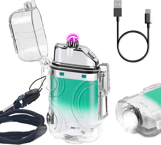 SKRFIRE Electric Lighter Transparent Waterproof Lighter Dual Arc Lighter with LED Flashlight,Windproof Lighter Rechargeable USB Lighter Flameless Plasma Lighter for Camping Hiking (ClearCyanWhite)