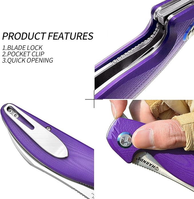 Parrot Folding Pocket Knife with Clip and Blade Lock, 8.4" EDC Folding Knife with Sweatproof G10 handle and 14C28N Stainless Blade (Purple)