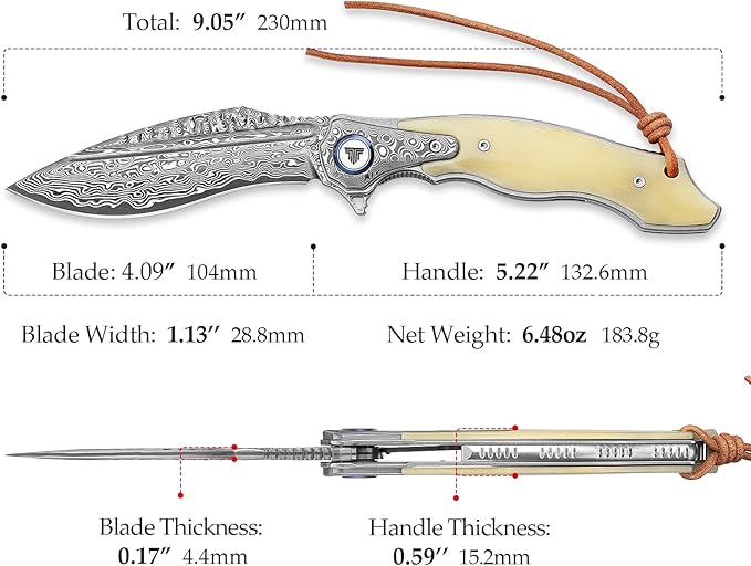 Lepus-02｜4.09" Damascus Folding Knives & Pocket Knife for Men, EDC Flipper Knife with Leather Holster，Hand Polished OX Bone Scale，Collections, Gift Box