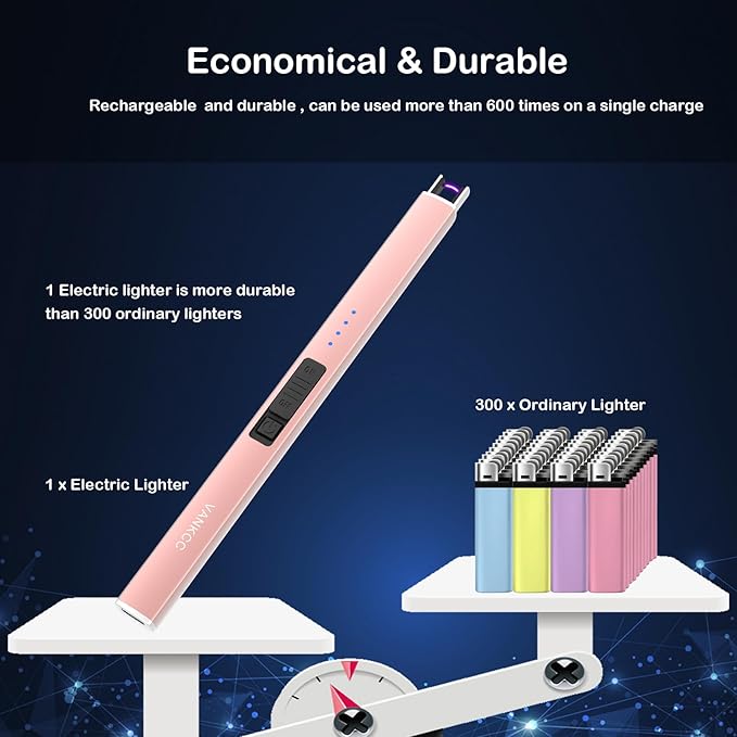 Electric Candle Lighter Plasma Arc Lighters USB Long Stick Lighters Windproof Flameless with Rechargeable Battery Safety Lock for Candle Camping BBQs Fireworks (Rose Gold)