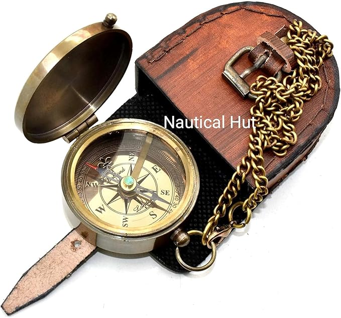 Compass Your Tommy Your Tubbo Brass Pocket Compass with Leather Carry Case, Compass with Chain, Pirates Compass, Engravable Gift Compass, Camping Compass