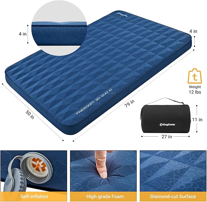 KingCamp Premium Self Inflating Sleeping Pad for Camping, 4Inch Thick Double Camping Pad 11 R-Value 3D Camping Mattress Ultra Comfortable & Warm Thick Sleeping Mat for Car Camping Tent, Double-Navy