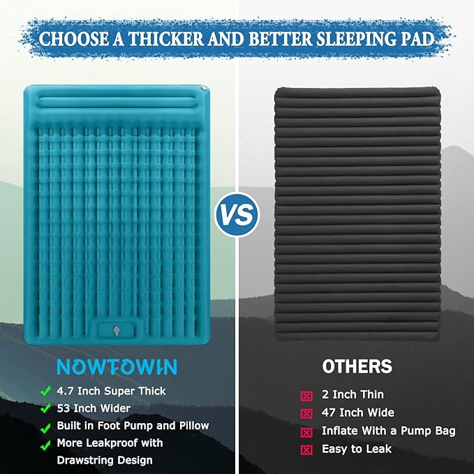 Double Sleeping Pad for Camping, Extra Thick 4.7 Inch Inflatable Camping Mattress 2 Person, Self Inflating Sleeping Mat for Backpacking Travel, Portable Camping Mat with Foot Pump and Pillow