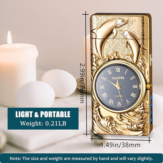 Arc Lighter Rechargeable Electric Lighter Plasma USB Lighter with Clock Dial Cool Windproof Candle Lighter with Battery Indicator for Candles, Fireworks, Incense (Gold Dolphin)