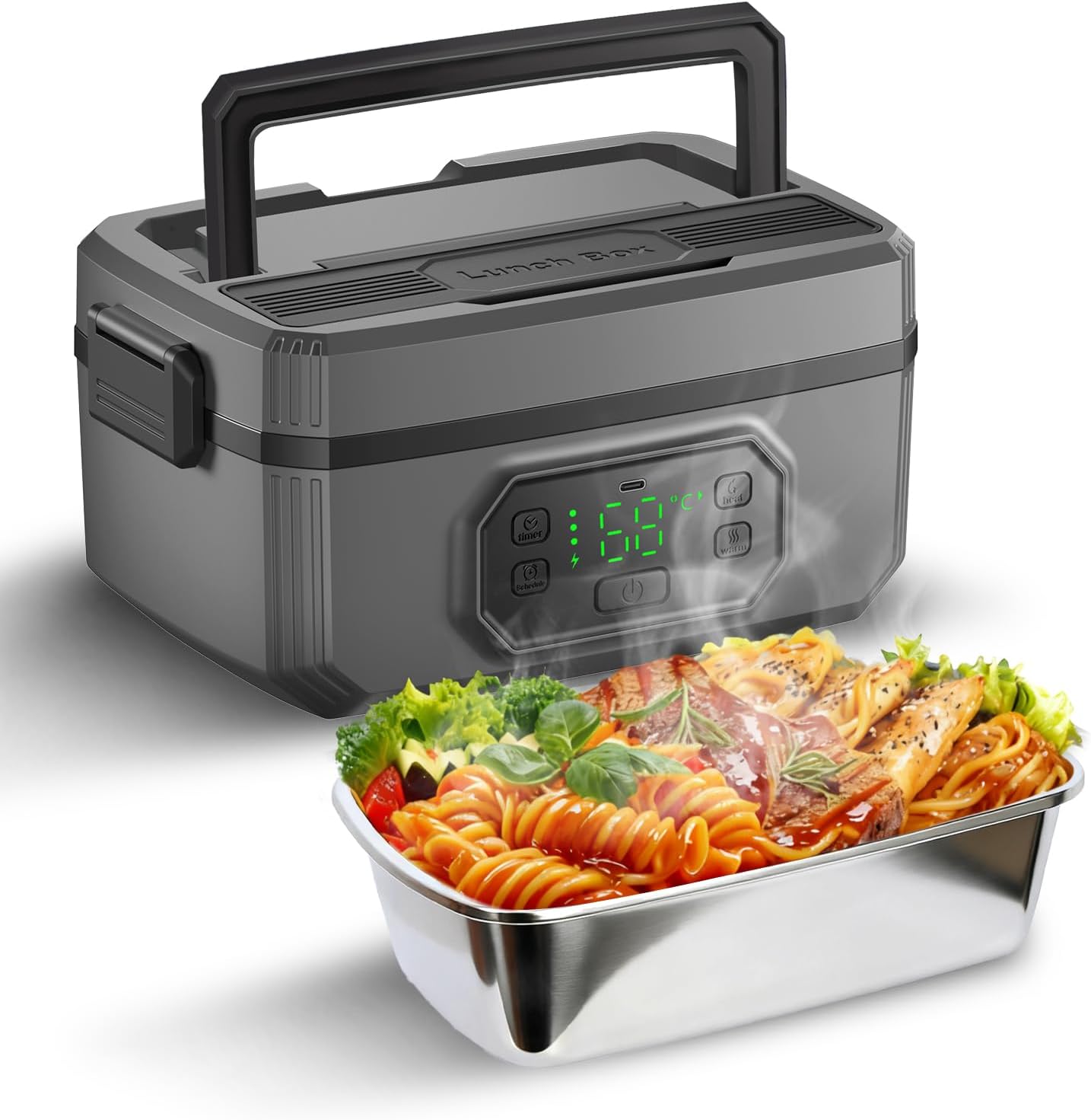 1.6L Cordless Electric Lunch Box - 24000mAh Heated Lunch Box Battery Powered with Automatic Heating, 9-Timer & 5-Temp Setting, Leakproof 304 Stainless Steel Container, Perfect for Office/Truck/Outdoor