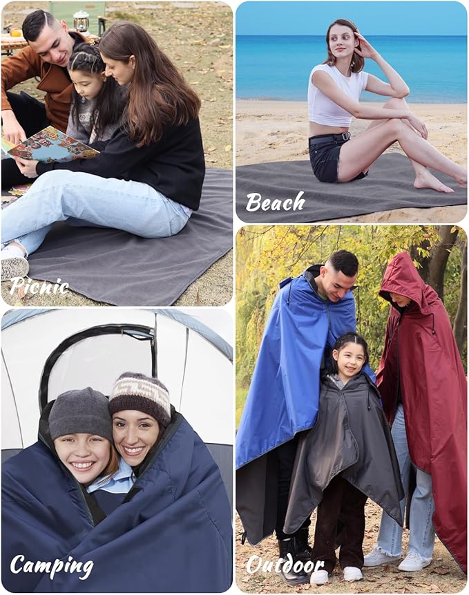 DUKUSEEK Waterproof Blanket Outdoor, Hooded Blanket Poncho - Large (79"x 59"), Portable, Windproof Fleece Blankets for Cold Weather Camping, Picnic, Sports, Boat, Dogs, Festivals, Car, Emergency…