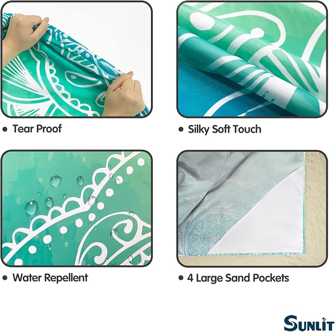 Sunlit Silky Soft 85"x72" Boho Sand Proof Beach Blanket Sand Proof Mat with Corner Pockets and Mesh Bag for Beach Party, Travel, Camping and Outdoor Music Festival, Bright Turquoise Mandala
