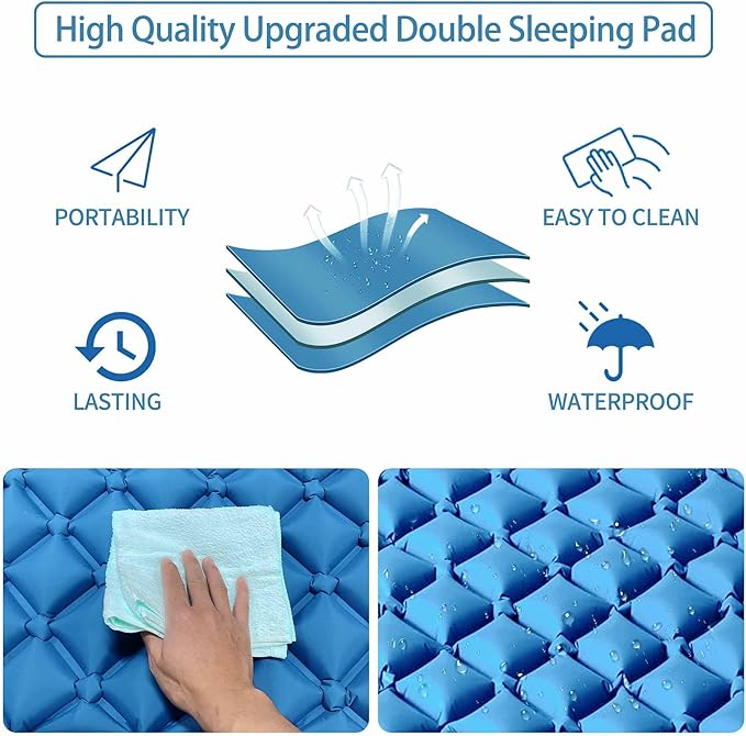 Double Sleeping Pad for Camping, 2 Person Ultralight Inflatable Sleeping Mat with Pillow and Built-in Foot Pump, Portable Camping Mattress for Tent, Backpacking, Hiking, Traveling-Upgrade Blue
