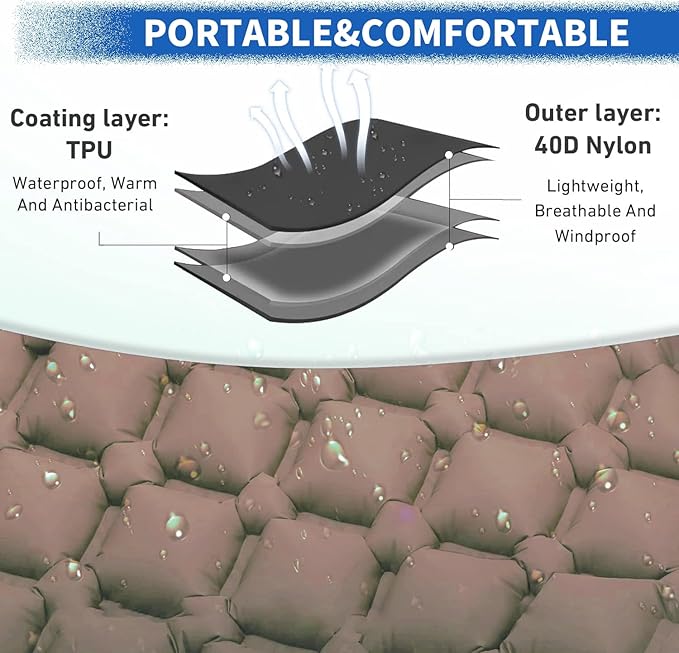 DDD Ultra-Light Inflatable Camping Sleeping Pad with its Built-in Foot Pump and Pillow - The Ultimate Camping pad, Hiking pad, Backpacking Pad and Lightweight for a Outdoor Sleep——Brown