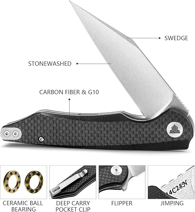 Carbon Fiber Pocket Knife 3.66 inches Stonewashed 14C28N Blade Liner Lock Handle Folding Camping Knives with Deep Carry Reversible Clip for Men Outdoor Hunting，Lynx-05CG