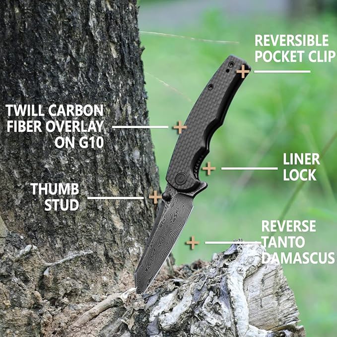 CIVIVI P87 Folder EDC Knife, Kaila Cumings Design 2.9" Damascus Blade Reverse Tanto, Twill Carbon Fiber G10 Handle with Thumb Stud Liner Lock Folding Pocket Knife for Everyday Carry (Black)