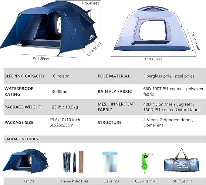 Family Camping Tent - 6-Person Spacious Design, 3000mm Waterproof, Suitable for Road Trips/Backyards/Extended Camping Adventures in All Scenarios