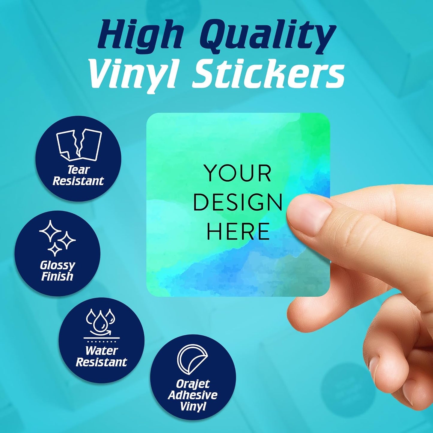 100 Custom Vinyl Stickers - Upload Your own Image, Text, Design, Logo - Personalized Logo Labels for Handmade, Packaging, Bottle, Jars, Candle, Brand Stickers (Blue Green, 2x2 Square)