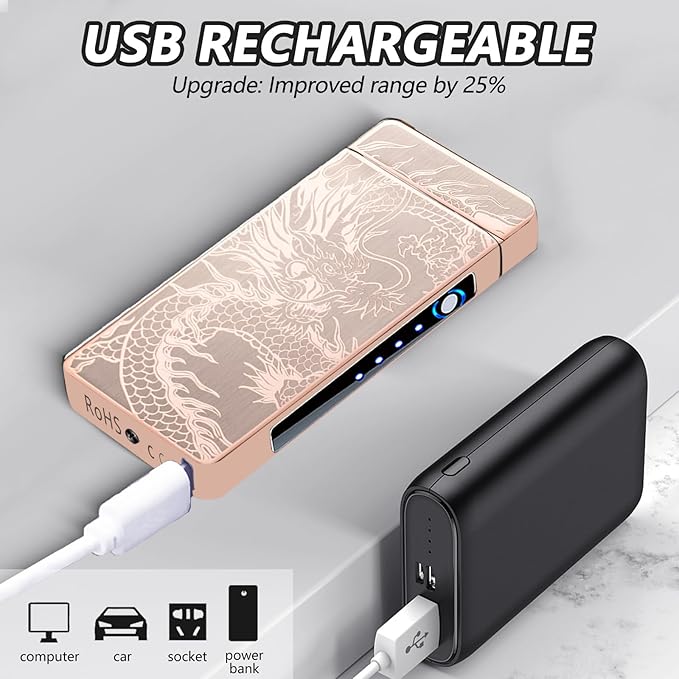 Rechargeable Lighter USB Electric Lighter Plasma Arc Candle Lighter Dragon Torch Lighter High Power Flame Windproof Lighter with LED Power Display for Camping, Hiking, Traveling (GoldDragon)