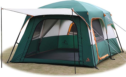 KTT Extra Large Tent 10-12-14 Person(Style-B),Family Cabin Tents,2 Rooms,3 Doors and 3 Windows with Mesh,Straight Wall,Waterproof,Double Layer,Big Tent for Outdoor,Picnic,Camping,Family Gathering