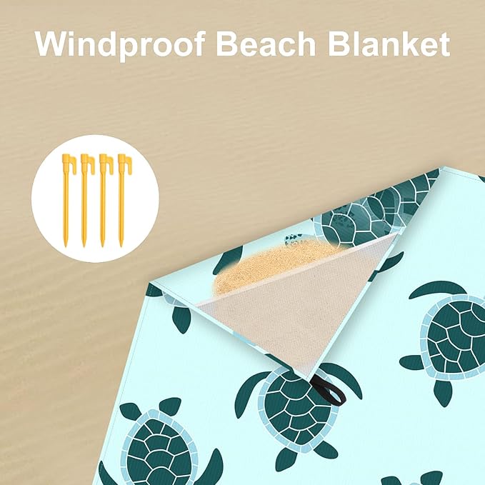 Beach Blanket Waterproof Sandproof, 6.5'x7.2' Extra Large Sand Free Beach Mat 1-4 Adults, Lightweight Portable Outdoor Beach Accessories w/ 4 Stakes for Picnic, Camping, Vacation - Green Baby Turtle