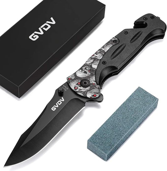 GVDV Utility Pocket Knife with 7Cr17 Stainless Steel - Folding Knife for EDC Outdoor Camping Hunting, Liner-Lock, Clip, Seatbelt Cutter, Glass Breaker for Emergencies, Men Gifts, White Skull