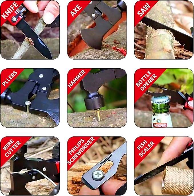 Camping Gear Multitool, Stocking Stuffers for Men 13-in-1 Camping Accessories Multitool Hatchet Camping Tool with Axe Survival Gear for Outdoor Hunting Hiking, Emergency Escape Tool