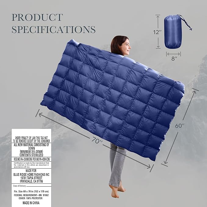 Blue Ridge Home Fashions Outdoor Down Throw Blanket for Camping Hiking - Packable Lightweight and Durable Blanket 60" x 70" with Carrying Pouch, 650 Fill Power Puffy Travel Picnic Beach Blanket