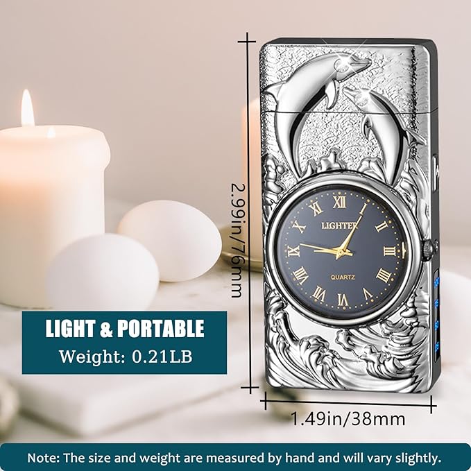 Electric Lighter Rechargeable USB Lighter Dual Arc Plasma Lighter Windproof Cool Candle Lighter with LED Battery Indicator for Candles, Fireworks, Incense (Silver Dolphin)