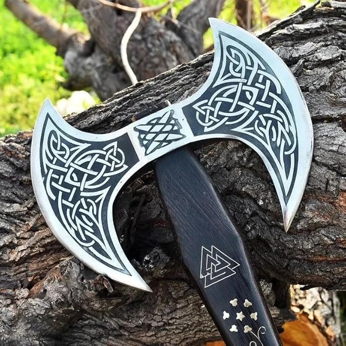 Camping Axe Tomahawk Viking Axe Long Double Edge Head Viking Axe Twin Blade Axe with Rose Wood Handle on Brass Work with Leather Sheath