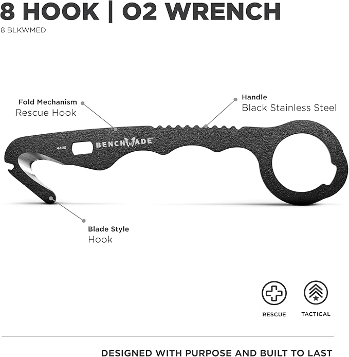Benchmade - Hook Safety Cutter and O2 Wrench with Black 440C Handle (8 BLKWMED)
