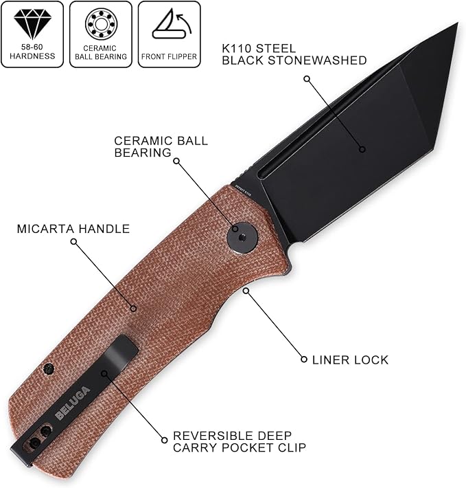Petrified fish PFP01T Beluga,3.58" K110 Black Stonewashed Blade, 154g Micarta Handle Front Flipper Liner lock Folding knife (Brown Micarta, Black Stonewashed)