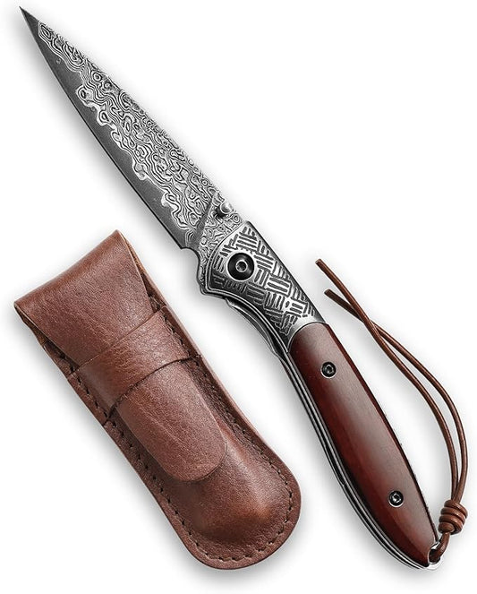 Handmade Damascus Steel Folding Pocket Knife with Leather Sheath,3.15in Blade Bone Handle Thumb Stud Opener Knives for Men EDC, Piscis Austrinus-02B